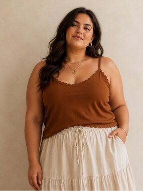 Perch by Blu Pepper Brown Ribbed Scalloped Trim Cami Tank Top Bohemian Femenine